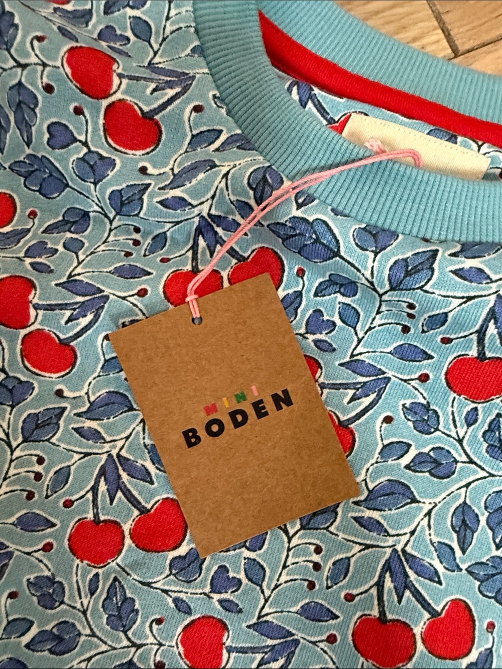 Mini Boden Light Blue Sweatshirt with Red Cherry Print - Picture 4 of 5